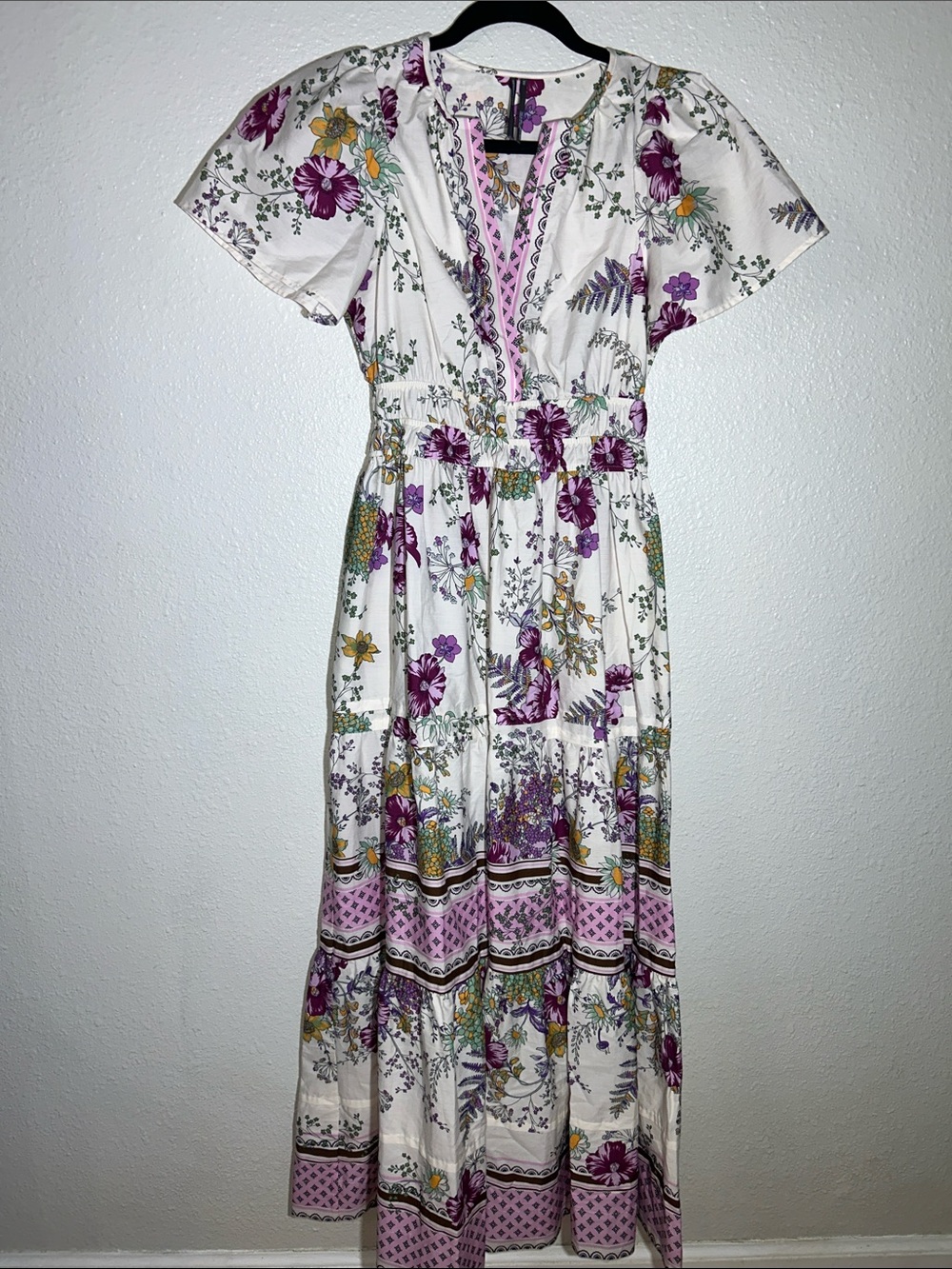 Anthropologie Floral V-Neck Maxi Dress in White and Purple